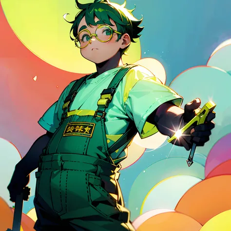 Two-block hairstyle of a little fat green-haired man、wears glasses、Wearing overalls、Holding a spanner in your hand、softfocus、Colorful light gradient、watercolor paiting、lensflare、kirakira、Glow、Dreamy