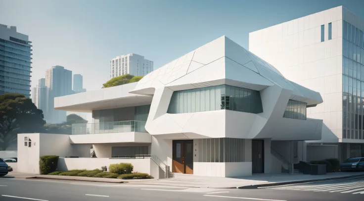 Detached white cuboid shaped building，Richard Meyers architectural style，The overall design of the building shows style, modern, A sense of tranquility. It embraces modern architecture with clean lines and fluid forms, City, contemporary vibe. The exterior...