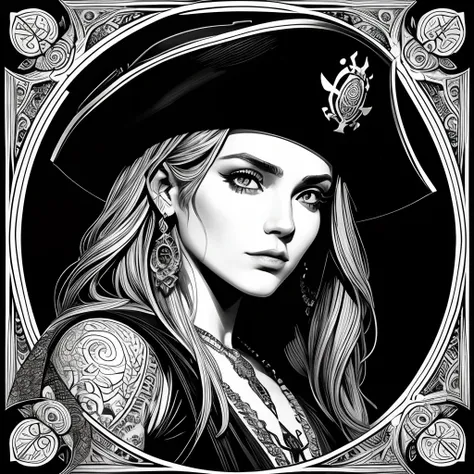 Centred potrait of a female Pirate, black and white, zentangle (best quality) ultra-detailed, fine line drawing, fine line art, coloring book illustration style, intricate linework, highly detailed illustration, perfect composition, beautiful and stunning,...