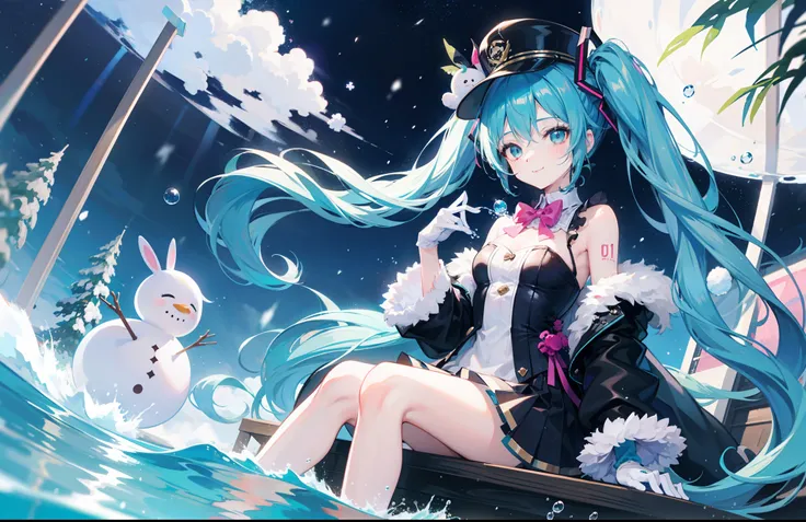 1girl,air_bubble,animal,aqua_hair,aurora,blue_hair,bow,bowtie,bubble,bunny,dolphin,fish,gloves,hat,long_hair,night,night_sky,pink_bow,pink_bowtie,ribbon,sitting,smile,snow,snowflakes,snowing,snowman,soaking_feet,solo,splashing,star_(sky),stuffed_animal,stu...