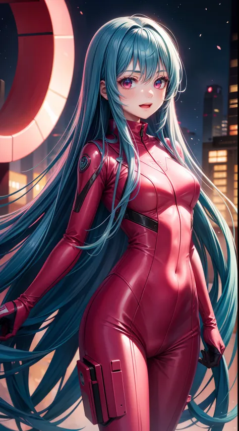 young girl, long blue hair, red eyes, ssmile, opened mouth, pink plugsuit, Masterpiece, hiquality