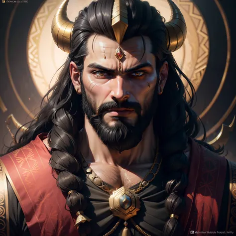 Waist high portrait of a handsome Indian king, Large size, Muscular, demon, Giant, lbeard, Beard, evil look, Long hair, black and gold dress, Horns in the crown, Perfect detailed face, Realistic, stunning realistic photograph, a 3D render, rendering by oct...