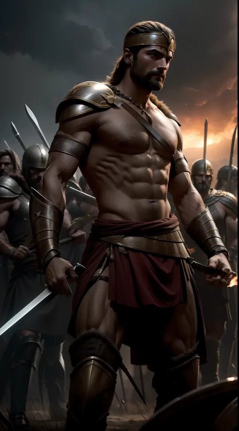 Leonidas raising his hand with spear with his warriors, dark background, epic, realistic, 8k