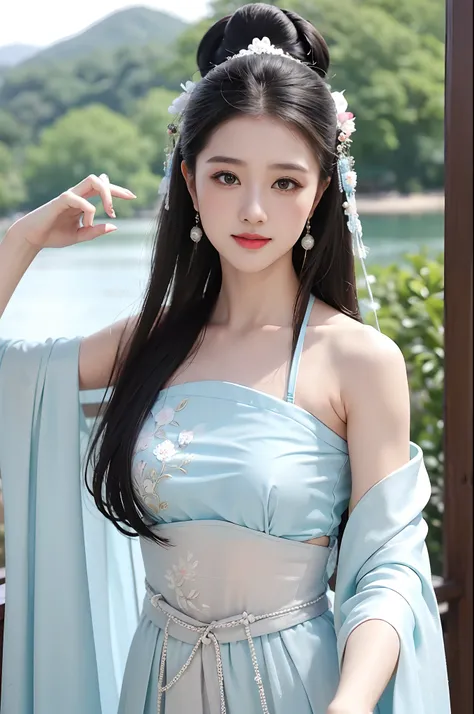 1girll，Exquisite，light  smile，Dancing by the lake，white colors|Cyan hanfu，Tulle Hanfu beauty，delicate patterns，Silk satin reflective，Textured clothes Glossy glossy skin，Ray traching，
best qualtiy，tmasterpiece，（Photorealsitic：1.4），Raised sexy