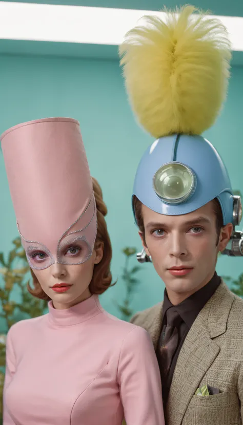 8k portrait of a 1960s science fiction film by Wes Anderson, Vogue anos 1960, rosa pastel cores, amarelo, azul, verde, There are people wearing strange futuristic chameleon masks and wearing extravagant retro fashion outfits and men and women wearing alien...