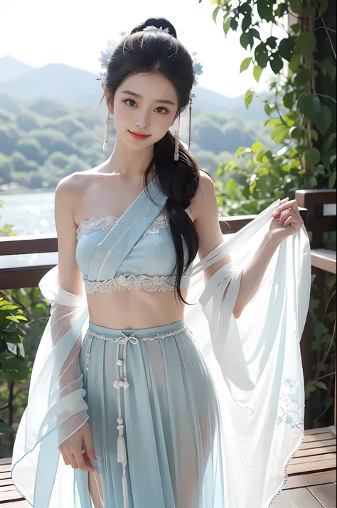 1girll，Exquisite，light  smile，Dancing by the lake，white colors|Cyan hanfu，Tulle Hanfu beauty，delicate patterns，Silk satin reflective，Textured clothes Glossy glossy skin，Ray traching，
best qualtiy，tmasterpiece，（Photorealsitic：1.4）