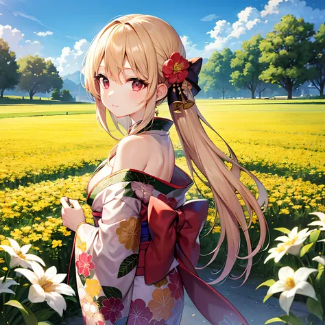 a blond、red eyes、Beautiful girl alone、Kimono with fancy patterns、Off-shoulder、flower  field、