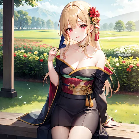 a blond、red eyes、Beautiful girl alone、Kimono with fancy patterns、Off-shoulder、flower  field、