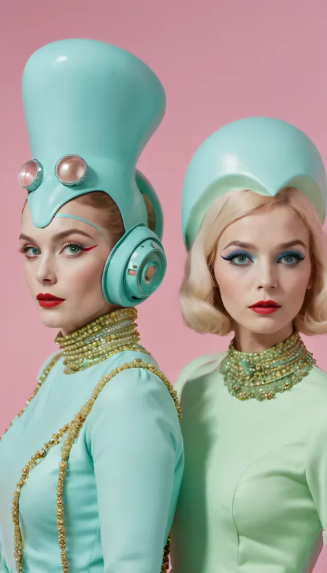 8k portrait of a 1960s science fiction film by Wes Anderson, Vogue anos 1960, rosa pastel cores, amarelo, azul, verde, There are people wearing strange futuristic chameleon masks and wearing extravagant retro fashion outfits and men and women wearing alien...