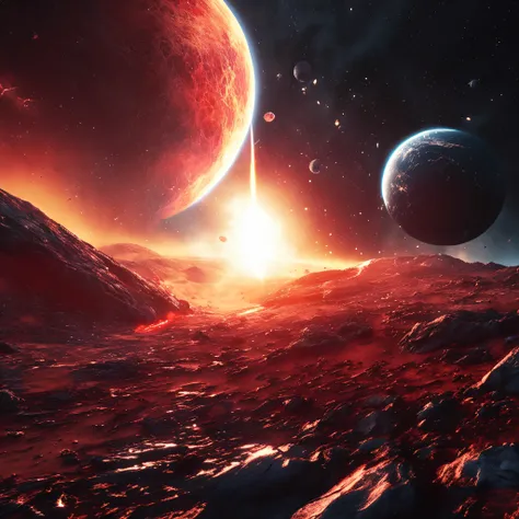 ((Best quality)), ((Masterpiece)), (dramatic scene), The Earth and the Sun collapse into black holes like the Sun, (Post lighting:1.3), The sun dims when it pops out, (Epic composition:1.2), Earth bathed in red light, (CG animation:1.1), Flames and debris ...