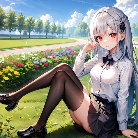 silber hair、red eyes、Beautiful girl alone、skirt by the、tights、flower  field、sitting on、