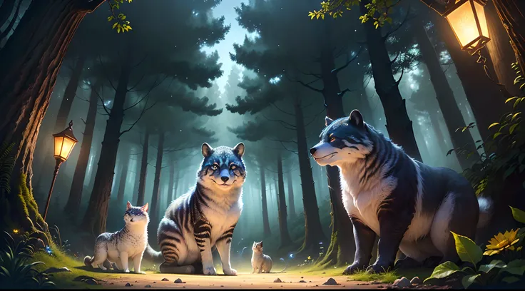 ((melhor qualidade)), ((obra-prima)), (detalhado), Uma clareira iluminada por vaga-lumes, cercada por flores que brilham suavemente. muitos animais da floresta, lobos, corujas, cavalos, ursos, Gather in harmony. The scene is serene and welcoming, Resemblin...