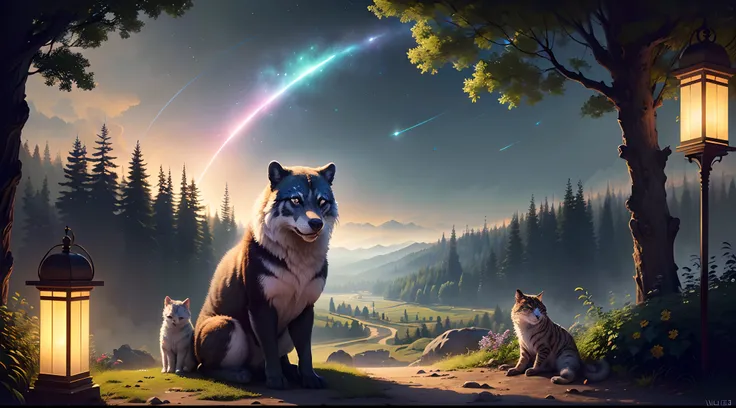 ((melhor qualidade)), ((obra-prima)), (detalhado), Uma clareira iluminada por vaga-lumes, cercada por flores que brilham suavemente. muitos animais da floresta, lobos, corujas, cavalos, ursos, Gather in harmony. The scene is serene and welcoming, Resemblin...