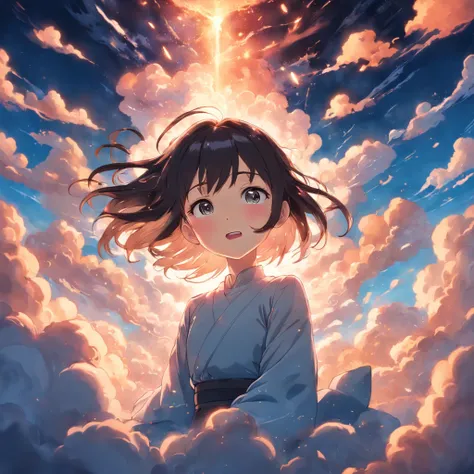 masterpiece, best quality, movie still, 1girl, cloud girl, floating in the sky, close-up, bright, happy, warm soft lighting, sunset, (sparks:0.7)