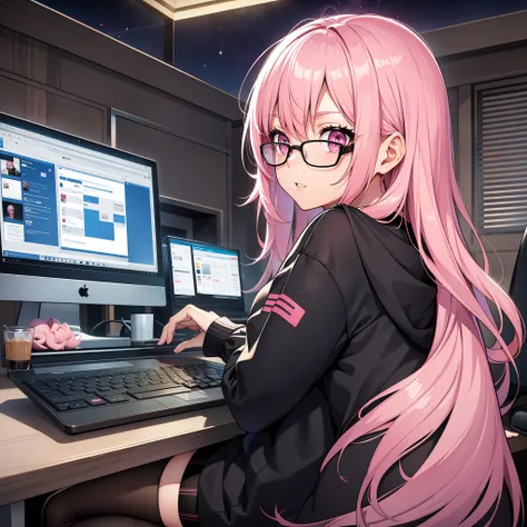 Thirty-year-old woman, glare, long pink hair, pink eyes, white sweatshirt, Half-body tights and black miniskirt, Sit, Playing on the computer, night  sky