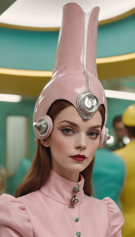 8k portrait of a 1960s science fiction film by Wes Anderson, Vogue anos 1960, rosa pastel cores, amarelo, azul, verde, There are people wearing strange futuristic chameleon masks and wearing extravagant retro fashion outfits and men and women wearing alien...