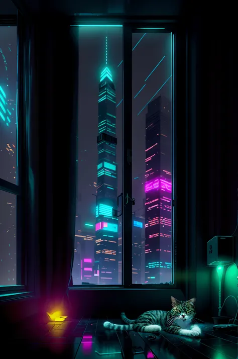 Cyberpunk Style，Lonely lazy cat，The interior is dimly lit，floor to ceiling window，Rained，the night，neonlight，skyscrapper，extreme picture quality，6.43 inches，A picture