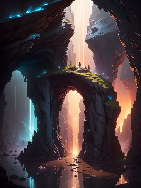 ((best quality)), ((masterpiece)), (detailed), Hidden entrance to an underground mine chamber with a tunnel system full of impressive rock formations and bioluminescent lighting with occasional rubies (fantasy illustration:1.3), mystical light, (Jordan Gri...