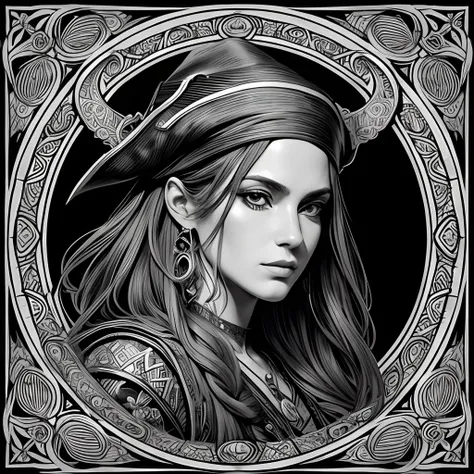 Centred potrait of a female Pirate, black and white, zentangle (best quality) ultra-detailed, fine line drawing, fine line art, coloring book illustration style, intricate linework, highly detailed illustration, perfect composition, beautiful and stunning,...