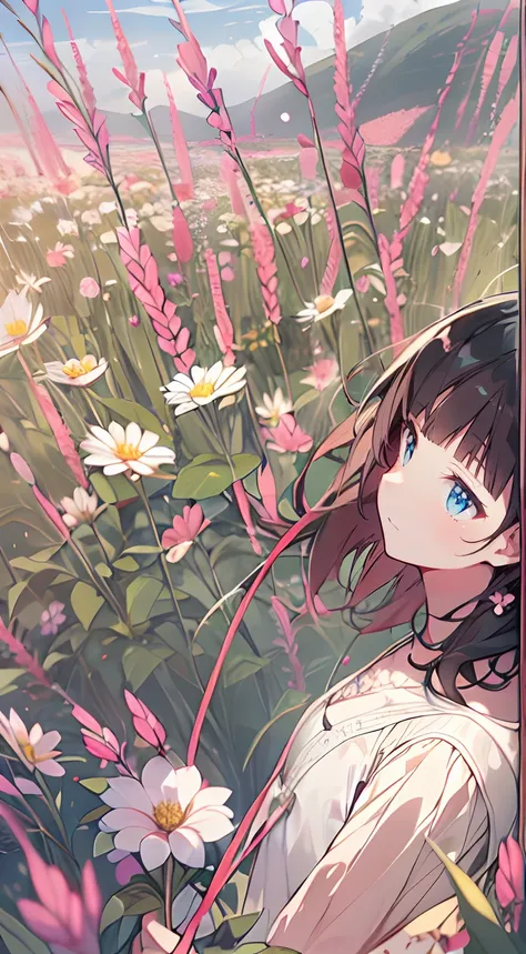 masutepiece, Best Quality,Illustration, Wallpaper, Ultra Detail, Absurd beauty、Lori 1、 (Medium short hair、short braided hair), Beautiful ultra-detailed eyes , Hair fluttering in the wind、Keep your head small、flower  field、great outdoors