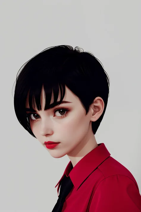 a 1girl, body complet, very detail, a lot of details, very extremely beautiful,  ((tmasterpiece, minimalism)), (Short Hair Hair), black necktie, Red shirt, bright colours, looks into the distance,