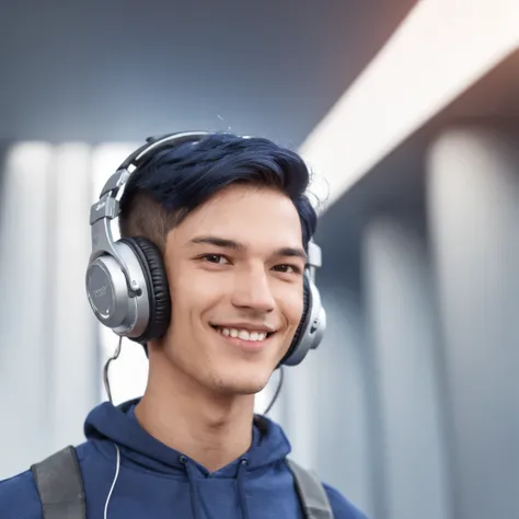 (Professional 3D rendering:1.3) by (Realistic:1.3) Young 22 year old man with navy blue hair, smiling and happy expression, wears headphone around his neck, futuristic technology room background in white color, full body 8k render