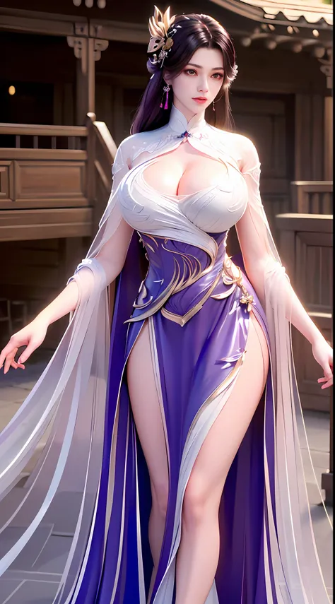 Solo, 1 Beautiful Female, Wuxia World, (1 Girl), (Full figure:1.2), (standing:1.1), (Xiuxian World), (big breasts, round breasts:1.4), (muscle abs), (big buttock:1.1), (shiny skin:1.1), Chinese Immortal Wuxia, (Purple Cross-collared Top, Ancient Long Skirt...