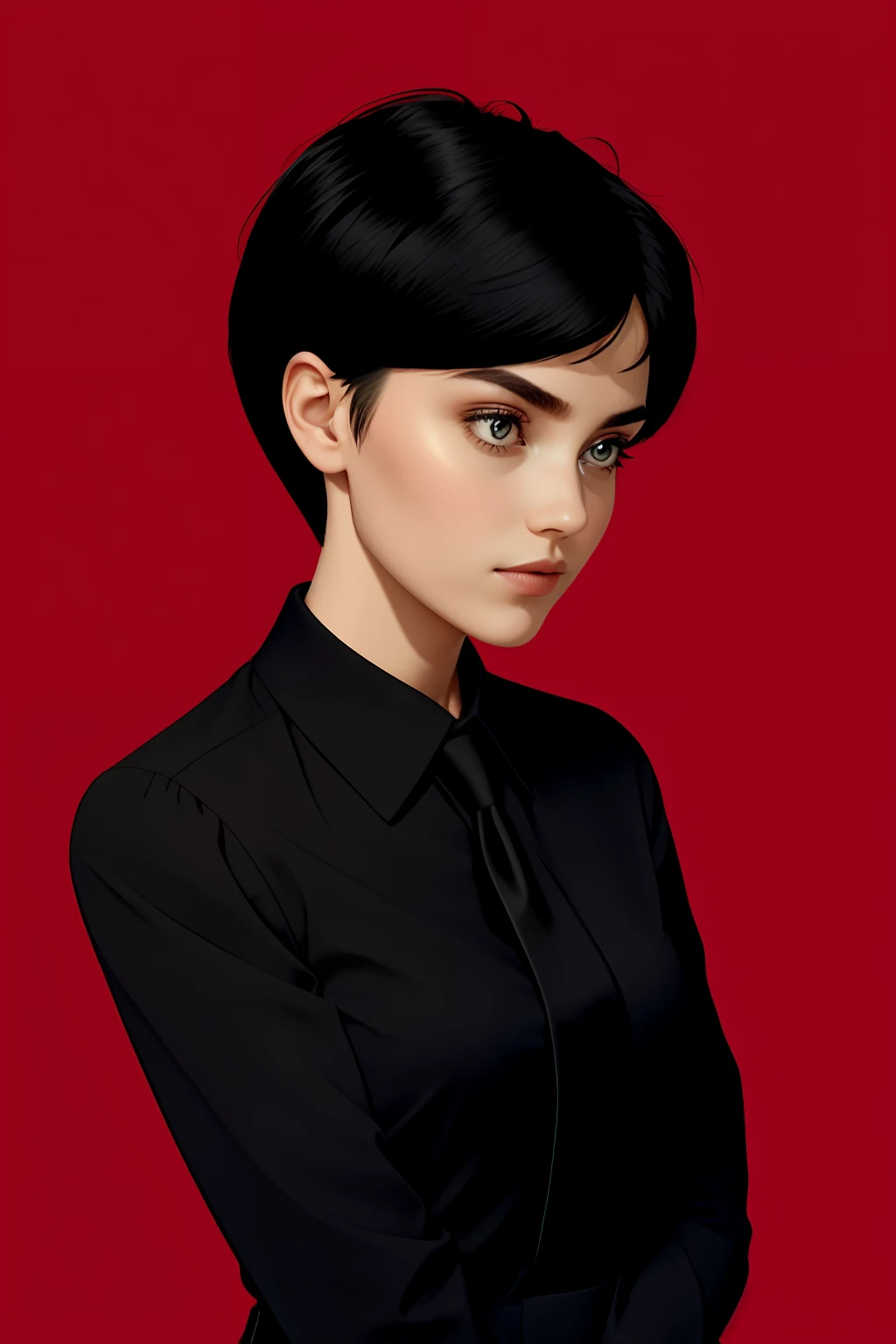 a 1girl, body complet, very detail, a lot of details, very extremely beautiful,  ((tmasterpiece, minimalism)), (Short Hair Hair), black necktie, red shirt, bright colours, looks into the distance,