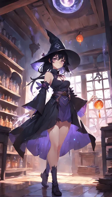 anime girl in a witch costume standing in a room with a window, black - haired mage, witch girl, flirty anime witch casting magic, she is in the potions workshop, artwork in the style of guweiz, beautiful cowboy witch, witchy, a witch, a beautiful sorceres...