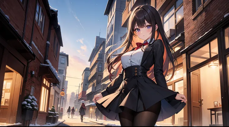 (masterpiece), best quality, high resolution, highly detailed, detailed background, perfect lighting,1girls,winter,street,bangs, ruby eyes, medium breasts, blouse,black pantyhose,muffler,after school