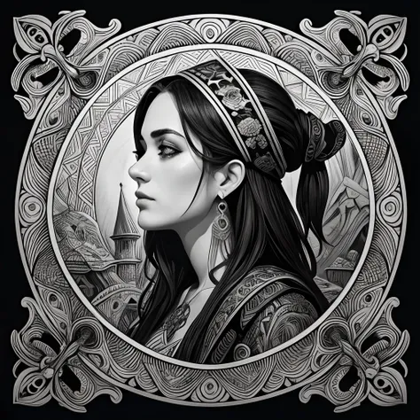 Centred potrait of a female Pirate, black and white, zentangle (best quality) ultra-detailed, fine line drawing, fine line art, coloring book illustration style, intricate linework, highly detailed illustration, perfect composition, beautiful and stunning,...