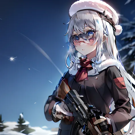 masterpiece, best quality, high resolution, 1girl, solo, white_hair, blue_eyes, black_milatary_uniform,Wearing a red beret, holding gun, ak-47, akm, assault rifle, kalashnikov rifle, trigger_discipline, low-ready, Sunglasses, winter