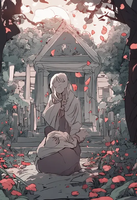 There was a woman in the graveyard，She was crying。The newborn baby lies next to her，Looks cute。style of anime，The picture is full of eerie atmosphere。