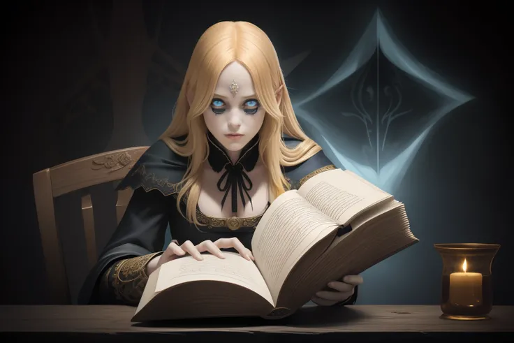 witch core story book color pencil illustration, young witch, inverted triangle face, golden medium hair, (inverted triangle face:1.1), (slant up eyes:1.2), (large blue beautiful eyes:0.8), siting wood single chair with reading a grimoire, in the witch hou...