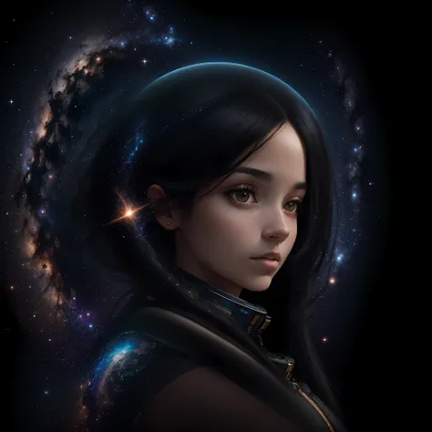 Portrait of a young woman with black hair in zero gravity, The backdrop of the Milky Way and a supermassive black hole as a background --auto --s2