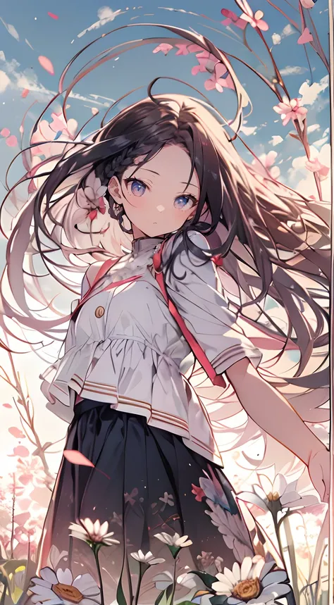 masutepiece, Best Quality,Illustration, Wallpaper, Ultra Detail, Absurd beauty、1 beautiful girl、 (Semi-long hair、short braided hair), Beautiful ultra-detailed eyes , Hair fluttering in the wind、Keep your head small、flower  field、great outdoors