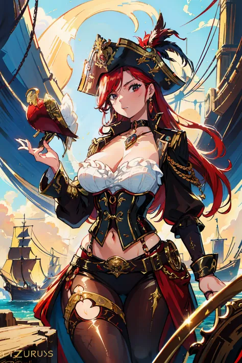 "(Sensuous hourglass figure, curvaceous hips, alluring Z cup breasts, stunning red-haired pirate woman:1.3 adorned in an exquisite feathered hat and captivating corset)"