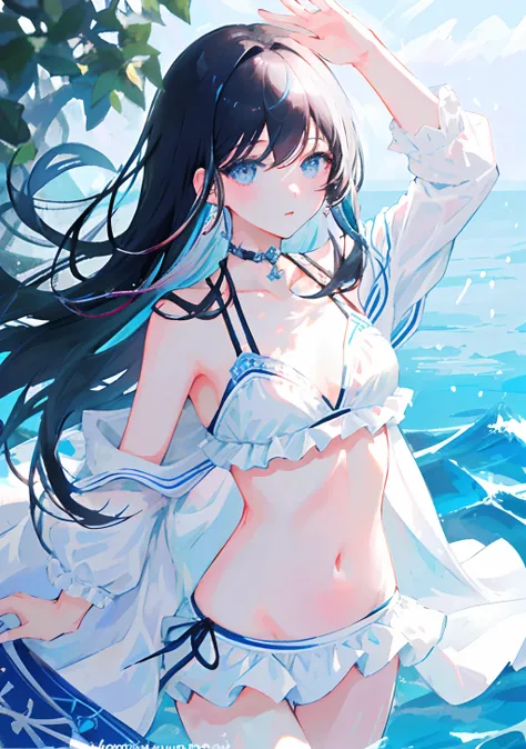 ​masterpiece、top-quality、ultra-detailliert、illustratio、portlate、女の子 1 人、Black_hair、blue eyess、white  hair、swim wears、The bikini