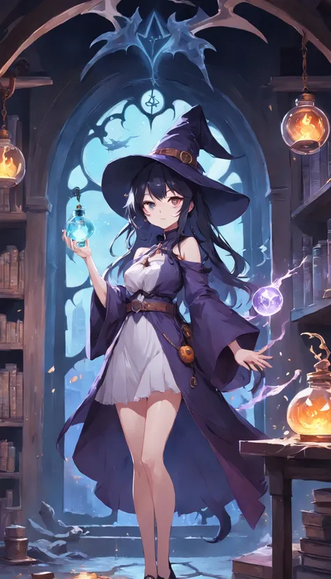 anime girl in a witch costume standing in a room with a window, black - haired mage, witch girl, flirty anime witch casting magic,(she is in the potions workshop:1.35),Secret Medicine,Reagent Bottle,Ancient Magic Book,Complete Set of Chemical Experimental ...