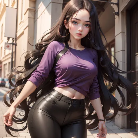 Girl with long black wavy hair, hazel eyes, olive skin, thick thighs, purple shirt, black pants