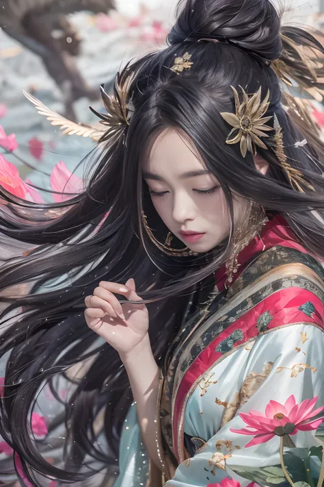 32K（tmasterpiece，k hd，hyper HD，32K）Long flowing black hair，ponds，zydink， a color，  Asian people （Silly girl）， （Silk scarf）， Combat posture， looking at the ground， long whitr hair， Floating hair， Carp pattern headdress， Chinese long-sleeved clothing， （abstr...