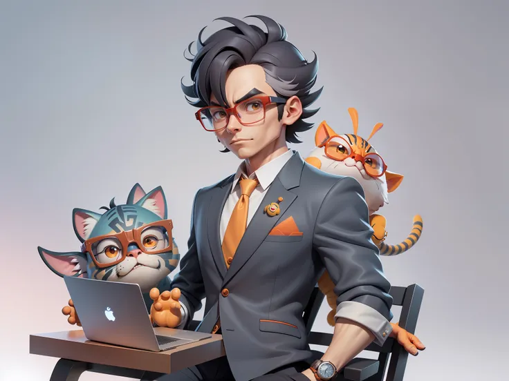 A young man in a suit, Short hair and glasses sat at his desk，holding laptop，digitial painting，tigre，3D character design by Mark Clairen and Pixar and Hayao Miyazaki and Akira Toriyama，4K HD illustration，Very detailed facial features and cartoon-style visu...