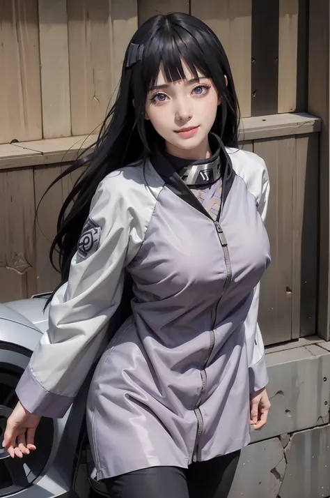 1girl, hyuga hinata in anime naruto, long hair, black hair, white eyes, smile, beautiful, purple clothes, very big breast, realistic clothes, detail clothes, outdoor background, ultra detail, realistic