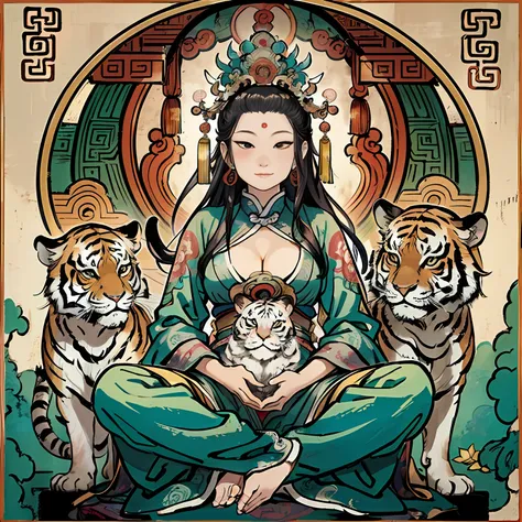 an ancient Chinese goddess, guanyin of the southern seas, Guanyin, Inspired by India, Avalokiteshvara rides a tiger，,Serene expression,shui mo hua,Buddha,Buddhist,Lotus,Chinese painting style,Thangka style