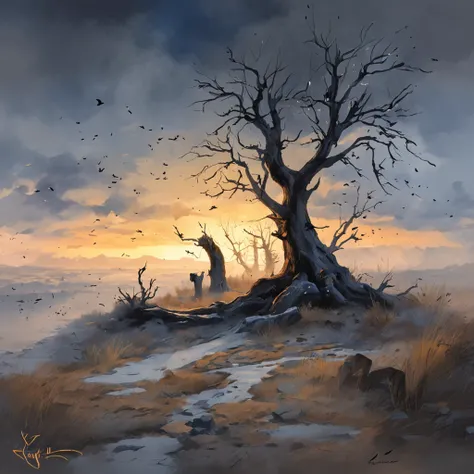 Two crows on a dead tree, A shadow shaped like a walker, Starry night, Thick fog on the ground, Blue light on the horizon, Unreal Engine 5, Cinematic, low angle photography, Motion blur, Depth of field, Dust, Cobblestones and dirt. Splash Art, dripping pai...