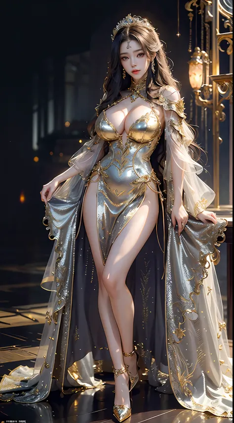 Woman in a golden transparent dress,standing,view the viewer,High heels, (((Huge breasts, Large cleavage))),Slim waist,(Bare waist), Long hair, micro-curly hair, Ultra-detailed details,High-end Zhenyi station, Rainstorm site, detailed fantasy art, Stunning...