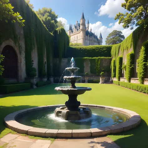 Correntes da Bruxa do Gelo, best quality, master part, Garden scenery with water fountain of a huge castle in the background of the scenery