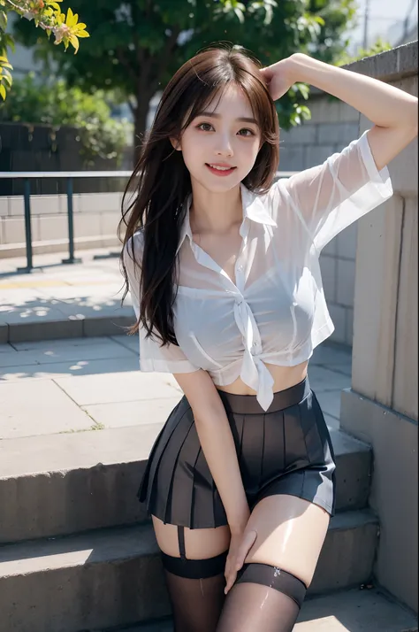 Korean school uniform、summer school uniform shirt、rain is falling、Cloudy sky tight shirt、Ribbon Ties、skirt by the、schools、stairs at school、Emphasize the chest with both arms、Slender and big、8K raw photos、A high resolution、age:18 、korean people、Incision eye...