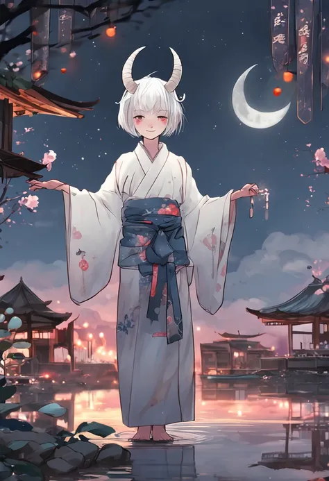 sfw, watercolor illustration, perfect anatomy, masterpiece, best quality, 1girl, 10yo, loli, solo, (white short hair:1.2), looking at viewer, (oni:1.1), (horns:0.8), kimono, nature, night time, from above, standing by the riverside, landscape