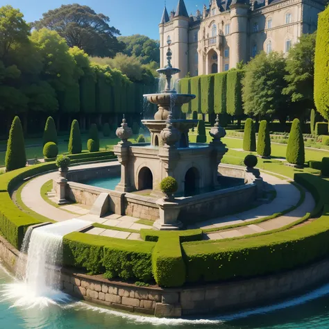 Correntes da Bruxa do Gelo, best quality, master part, Garden scenery with water fountain of a huge castle in the background of the scenery